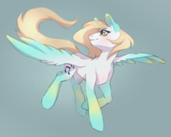 Size: 540x435 | Tagged: safe, artist:ls_skylight, oc, oc only, pegasus, pony, blue background, cutie mark, female, looking back, music notes, simple background, solo, wings