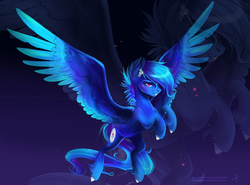 Size: 7600x5627 | Tagged: safe, artist:wilvarin-liadon, oc, oc only, oc:north star, pegasus, pony, absurd resolution, commission, flying, grin, male, smiling, solo, spread wings, stallion, unshorn fetlocks, wings, zoom layer