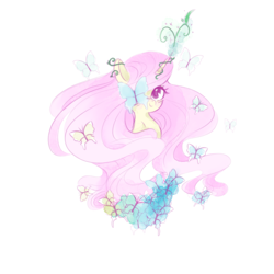 Size: 5000x5000 | Tagged: safe, artist:pinkablue, fluttershy, butterfly, pony, g4, absurd resolution, blushing, bust, female, fluttershy (g5 concept leak), g5 concept leak style, g5 concept leaks, long mane, looking at you, mare, portrait, simple background, smiling, solo, unicorn fluttershy, white background