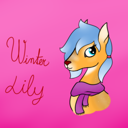 Size: 800x800 | Tagged: safe, artist:dyonys, oc, oc only, oc:winter lily, deer, bust, clothes, scarf, simple background, sketch, smiling, text