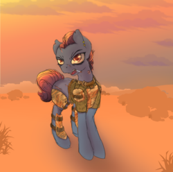 Size: 1892x1880 | Tagged: safe, artist:woons, oc, oc only, oc:buckshot, fallout equestria, cigarette, clothes, desert, female, mare, raider, sky, solo