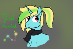Size: 1200x800 | Tagged: safe, artist:dyonys, oc, oc only, oc:freak accident, pony, unicorn, bust, clothes, cutie mark, male, scarf, simple background, sketch, smiling, stallion, text