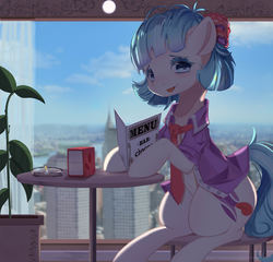 Size: 2053x1972 | Tagged: safe, artist:togeticisa, coco pommel, earth pony, pony, g4, city, female, looking at you, mare, menu, restaurant, sitting, smiling, solo, table