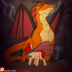 Size: 4000x4000 | Tagged: safe, artist:mr.smile, oc, oc only, oc:vennik, oc:vennik the red, dragon, cape, clothes, fight, impending doom, mouth hold, patreon, patreon logo, scar, sword, weapon