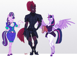Size: 1200x897 | Tagged: safe, artist:ursa, fizzlepop berrytwist, starlight glimmer, tempest shadow, twilight sparkle, alicorn, anthro, unguligrade anthro, g4, my little pony: the movie, amazon, armor, broken horn, clothes, colored hooves, gloves, gradient background, hand on hip, horn, realistic horse legs, size comparison, twilight sparkle (alicorn)