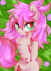 Size: 600x830 | Tagged: safe, artist:cabbage-arts, oc, oc only, oc:ana amira, pony, succubus, unicorn, body markings, commissioner:pektorel, cute, female, flower, grass, looking at you, lying down, mare, ocbetes, on back, solo, wide eyes, ych result