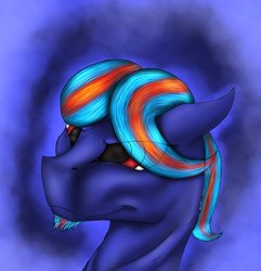 Size: 681x705 | Tagged: artist needed, safe, oc, oc only, oc:hellfire, pony, beard, blue background, blue fur, facial hair, implied pegasus, red eyes, simple background