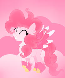 Size: 425x512 | Tagged: safe, artist:alphys1547, pinkie pie, earth pony, pony, g4, abstract background, base used, colored hooves, colored wings, eyes closed, feathered fetlocks, female, g5 concept leak style, g5 concept leaks, grin, multicolored wings, pegasus pinkie pie, pinkie pie (g5 concept leak), smiling, solo