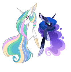 Size: 752x761 | Tagged: safe, artist:pandemiamichi, princess celestia, princess luna, pony, g4, alternate design, bust, colored wings, female, multicolored wings, portrait, simple background, sisters, transparent background