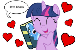 Size: 1321x851 | Tagged: artist needed, safe, trixie, twilight sparkle, pony, unicorn, g4, book, dialogue, eyes closed, female, floating heart, heart, lesbian, mare, ship:twixie, shipping, simple background, smiling, solo, that pony sure does love books, white background