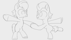 Size: 1920x1080 | Tagged: safe, artist:foal, tender taps, train tracks (g4), earth pony, g4, bipedal, colt, dancing, duo, duo male, foal, looking at each other, looking at someone, male, sketch, smiling, smiling at each other