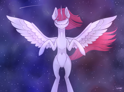 Size: 3876x2880 | Tagged: safe, alternate version, artist:dsp2003, oc, oc only, oc:fausticorn, alicorn, pony, alicorn oc, belly button, eyes closed, female, high res, mare, shooting star, solo, space, stars