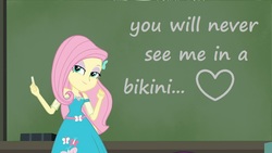 Size: 960x540 | Tagged: safe, edit, screencap, fluttershy, a little birdie told me, equestria girls, g4, my little pony equestria girls: better together, bikini, chalkboard, clothes, female, geode of fauna, heart, jewelry, magical geodes, meme, necklace, solo, swimsuit