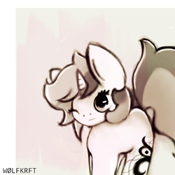 Size: 1000x1000 | Tagged: safe, artist:wolfkrft, oc, oc only, oc:mayhem reign, pony, unicorn, blank flank, female, grayscale, halfbody, horn, missing cutie mark, monochrome, one eye closed, signature, solo, tattoo