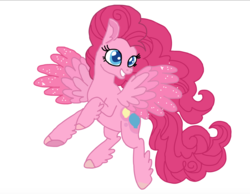 Size: 1510x1170 | Tagged: safe, artist:smurfettyblue, derpibooru exclusive, pinkie pie, earth pony, pony, g4, feathered fetlocks, female, flying, g5 concept leak style, g5 concept leaks, pegasus pinkie pie, pinkie pie (g5 concept leak), simple background, smiling, solo, spread wings, trace, white background, wings