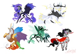 Size: 1700x1200 | Tagged: safe, artist:creeate97, discord, king sombra, nightmare moon, queen chrysalis, storm king, alicorn, changeling, changeling queen, draconequus, pony, storm creature, unicorn, g4, my little pony: the movie, armor, bat wings, canines, cloak, clothes, female, hybrid wings, male, mare, redesign, scales, simple background, smiling, stallion, third eye, three eyes, whiskers, white background