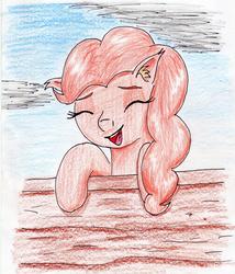 Size: 2316x2706 | Tagged: safe, artist:40kponyguy, derpibooru exclusive, pinkie pie, earth pony, pony, g4, 30 minute art challenge, cloud, ear fluff, eyes closed, female, fence, happy, high res, laughing, solo, traditional art