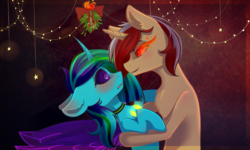 Size: 2700x1620 | Tagged: safe, artist:shiro-roo, oc, oc only, oc:changeling neon, oc:missklang, changedling, changeling, changeling queen, dracony, hybrid, pony, blue changeling, blushing, changeling oc, changeling queen oc, christmas, christmas changeling, christmas lights, eye contact, eye mist, fear, female, holding a pony, holiday, holly, holly mistaken for mistletoe, lesbian, looking at each other, oc x oc, reformed, shipping, slit pupils, smiling, sombra eyes, ych result