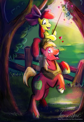 Size: 1024x1489 | Tagged: safe, artist:mad--munchkin, apple bloom, big macintosh, smarty pants, earth pony, pony, g4, apple bloom riding big macintosh, brother and sister, female, fence, heart, heart eyes, male, ponies riding ponies, rearing, riding, siblings, tree, watermark, wingding eyes