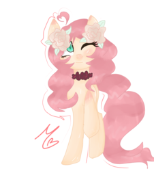 Size: 1000x1104 | Tagged: safe, artist:blueblueberry99, oc, oc only, oc:beth rose, earth pony, pony, aqua eyes, blushing, choker, flower, flower in hair, one eye closed, original character do not steal, pink mane, simple background, white background, wink