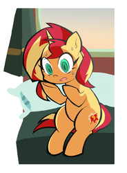 Size: 700x950 | Tagged: safe, artist:rvceric, sunset shimmer, pony, unicorn, g4, bed, female, horn, mare, nervous, pillow, sitting, solo, surprised, sweat, wide eyes