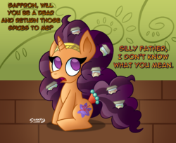 Size: 942x768 | Tagged: safe, artist:snakeythingy, saffron masala, pony, g4, dialogue, female, filly, implied coriander cumin, ingredients, looking back, sitting, story included, the tasty treat