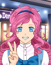 Size: 3254x4120 | Tagged: safe, pinkie pie, human, g4, anime, bow, female, hairband, happy, high res, humanized, peace sign, rinmarugames, smiling, solo