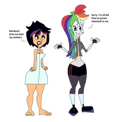 Size: 2329x2265 | Tagged: safe, artist:hunterxcolleen, rainbow dash, equestria girls, g4, angry, big hero 6, clothes, crossover, gogo tomago, grin, high res, nervous, nervous smile, shrug, simple background, smiling, towel, white background