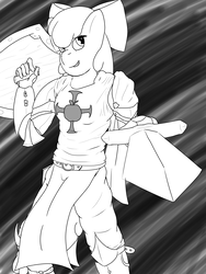 Size: 2700x3600 | Tagged: safe, artist:quickwinter, apple bloom, earth pony, anthro, g4, armor, christianity, clothes, cross, crusader, fantasy class, female, high res, knight, lineart, paladin, pants, religious headcanon, shield, solo, sword, warrior, weapon