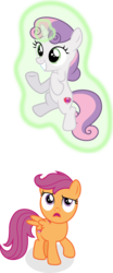 Size: 4782x11465 | Tagged: safe, artist:lahirien, artist:punzil504, artist:thatguy1945, scootaloo, sweetie belle, pony, unicorn, g4, absurd resolution, duo, female, filly, glowing horn, horn, levitation, magic, open mouth, raised hoof, scootaloo can't fly, scootaloo is not amused, self-levitation, simple background, sweetie belle's magic brings a great big smile, telekinesis, the cmc's cutie marks, transparent background, unamused, underhoof, you gotta be kidding me
