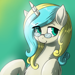 Size: 3250x3250 | Tagged: safe, artist:the-minuscule-task, oc, oc only, oc:marshmallow creme, pony, unicorn, commission, female, glasses, high res, looking at you, mare, smiling, solo