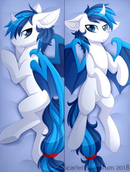 Size: 1024x1351 | Tagged: safe, artist:scarlet-spectrum, oc, oc only, oc:sparky, bat pony, pony, bat pony oc, body pillow, body pillow design, commission, ear fluff, horn, lying down, male, on back, on side, signature, solo, stallion