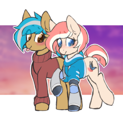 Size: 2500x2500 | Tagged: safe, artist:php172, oc, oc only, oc:blush, oc:valencia blossom, earth pony, pony, amputee, blushing, clothes, ear fluff, female, high res, hoodie, lesbian, looking down, mare, missing limb, prosthetic limb, prosthetics, raised eyebrow, shipping, simple background, standing, sweater, tongue out, transparent background, trotting, walking, wingding eyes