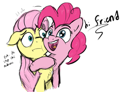 Size: 1108x846 | Tagged: safe, artist:nugakku, derpibooru exclusive, fluttershy, pinkie pie, g4, crazy face, dialogue, duo, faic, hug, side hug, simple background, white background