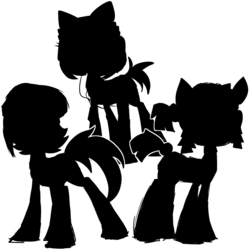 Size: 1280x1280 | Tagged: safe, artist:lilboulder, oc, oc only, oc:charlie, oc:pixel byte, oc:thana hex, earth pony, pony, unicorn, black and white, cat ears, female, grayscale, hat, headset, mare, monochrome, ponytail, silhouette, simple background, trio, white background