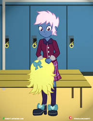 Size: 3090x4000 | Tagged: safe, artist:dieart77, oc, oc only, oc:azure/sapphire, equestria girls, g4, bench, clothes, commission, crossdressing, crystal prep academy uniform, equestria girls-ified, lockers, male, male to female, rule 63, school uniform, smiling, wig