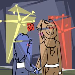 Size: 800x800 | Tagged: safe, artist:rawrienstein, applejack, rainbow dash, human, ask nerd dash, g4, 2018, comic, female, fireworks, hat, height difference, holding hands, holiday, humanized, lesbian, pony coloring, ship:appledash, shipping, size difference