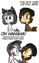 Size: 1280x2048 | Tagged: safe, artist:lilboulder, oc, oc only, oc:charlie, oc:pixel byte, earth pony, pony, unicorn, 2 panel comic, cat ears, comic, dialogue, duo, female, frown, hat, headset, insult, laughing, mare, open mouth, simple background, white background