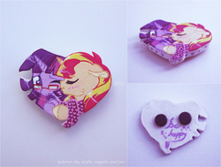 Size: 4578x3456 | Tagged: safe, artist:ipoloarts, sunset shimmer, twilight sparkle, g4, blushing, cheek kiss, cute, eyes closed, female, glasses, heart, high res, irl, kissing, lesbian, magnet, one eye closed, photo, ship:sunsetsparkle, shipping, twiabetes