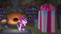Size: 1920x1080 | Tagged: safe, screencap, snowfall frost, starlight glimmer, a hearth's warming tail, g4, female, hat, present, solo, spectacles, top hat