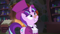 Size: 1920x1080 | Tagged: safe, screencap, snowfall frost, starlight glimmer, a hearth's warming tail, g4, female, hat, scared, solo, spectacles, top hat
