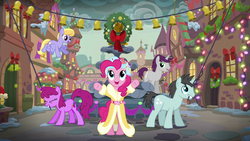 Size: 1920x1080 | Tagged: safe, screencap, berry punch, berryshine, cloud kicker, neon lights, pinkie pie, rising star, spirit of hearth's warming presents, written script, a hearth's warming tail, g4, bells, christmas, christmas lights, holiday, wallpaper, wreath