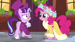 Size: 1920x1080 | Tagged: safe, screencap, pinkie pie, snowfall frost, spirit of hearth's warming presents, starlight glimmer, a hearth's warming tail, g4, duo, hat, spectacles, top hat