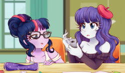 Size: 1700x1000 | Tagged: safe, artist:lucy-tan, rarity, sci-twi, twilight sparkle, equestria girls, g4, bare shoulders, beatnik rarity, beret, classroom, clothes, cute, drool, duo, eraser, female, glasses, hat, open mouth, paper, phone, raribetes, sitting, smartphone, surprised, sweater, twiabetes