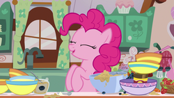 Size: 1920x1080 | Tagged: safe, screencap, pinkie pie, earth pony, pony, g4, secrets and pies, cute, diapinkes, eyes closed, female, hooves to the chest, mare, raised hoof, solo