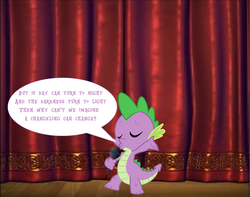 Size: 1278x1008 | Tagged: safe, spike, dragon, g4, the times they are a changeling, a changeling can change, curtains, male, microphone, singing, solo, song, stage