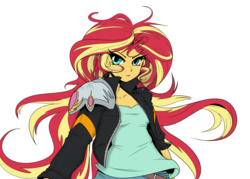 Size: 2000x1435 | Tagged: safe, artist:reiduran, edit, sunset shimmer, equestria girls, g4, clothes, female, jacket, looking at you, magic knight rayearth, magical sunset-chan, simple background, sketch, solo, white background