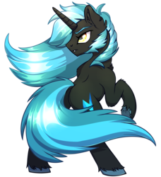 Size: 1777x1948 | Tagged: safe, artist:aegann, oc, oc only, oc:bolton blue, pony, unicorn, art trade, fangs, male, rear view, rearing, simple background, solo, stallion, transparent background