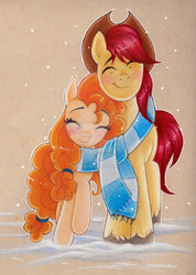 Size: 1024x1439 | Tagged: safe, artist:karzii, bright mac, pear butter, earth pony, pony, g4, the perfect pear, blushing, brown background, clothes, deviantart watermark, eyes closed, female, male, obtrusive watermark, scarf, shared clothing, shared scarf, ship:brightbutter, shipping, simple background, smiling, snow, snuggling, straight, traditional art, watermark, winter