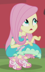 Size: 595x944 | Tagged: safe, screencap, fluttershy, equestria girls, fluttershy's butterflies, fluttershy's butterflies: applejack, g4, my little pony equestria girls: better together, feet, female, sandals, solo, squatting